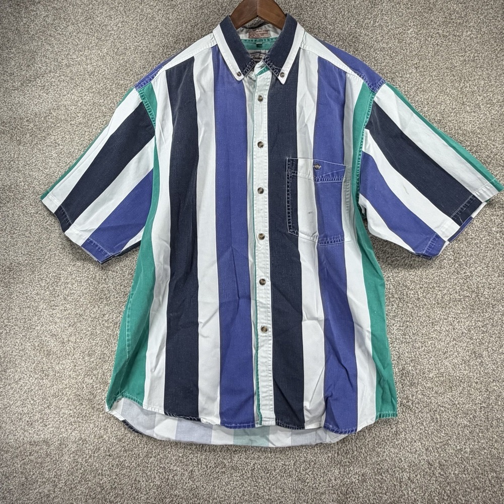 VTG Western Denim Shirt L‎ DOUBLE IMPACT Blue Twill 90s Cowboy Thick Distressed